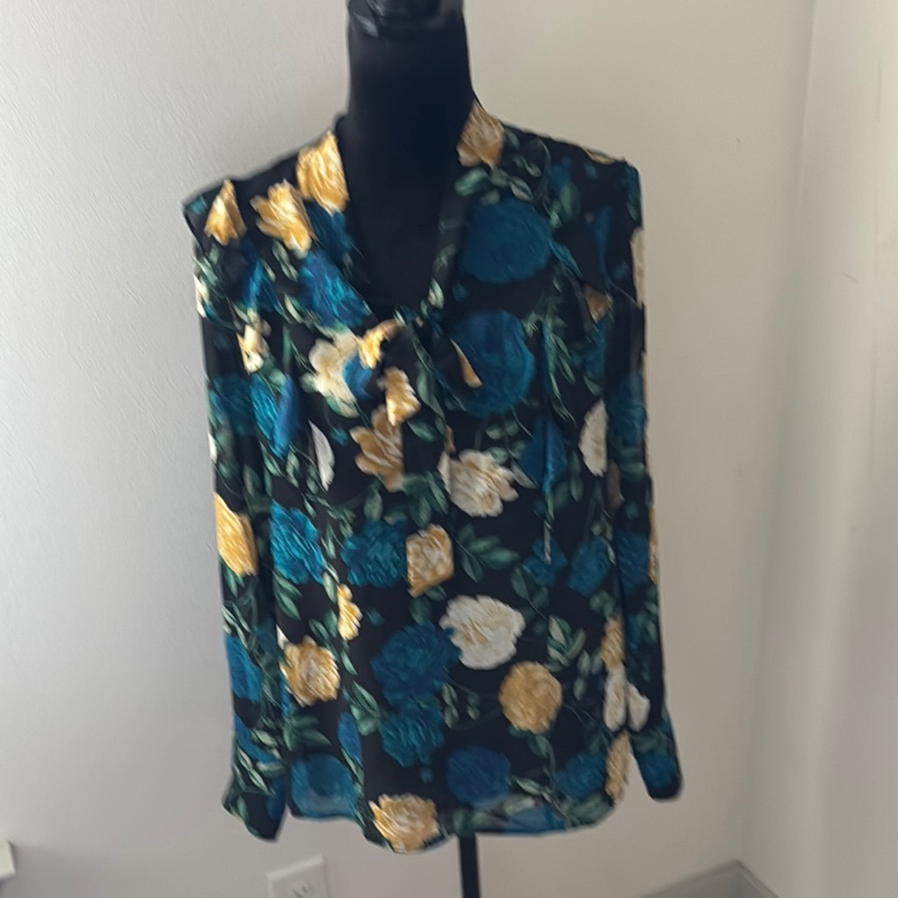 Karl Lagerfield floral print semi sheer ruffle detailing collar ties Sz M